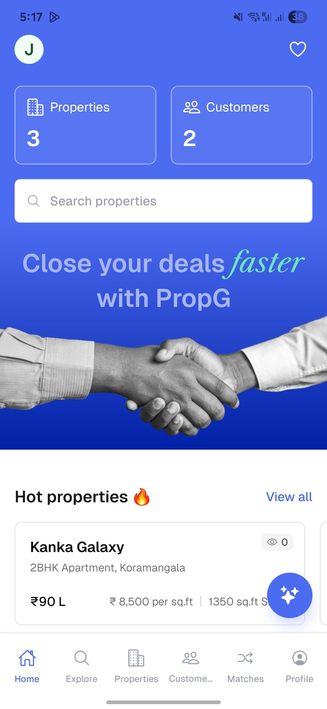 PropG home dashboard with Close your deals faster banner and hot properties list
