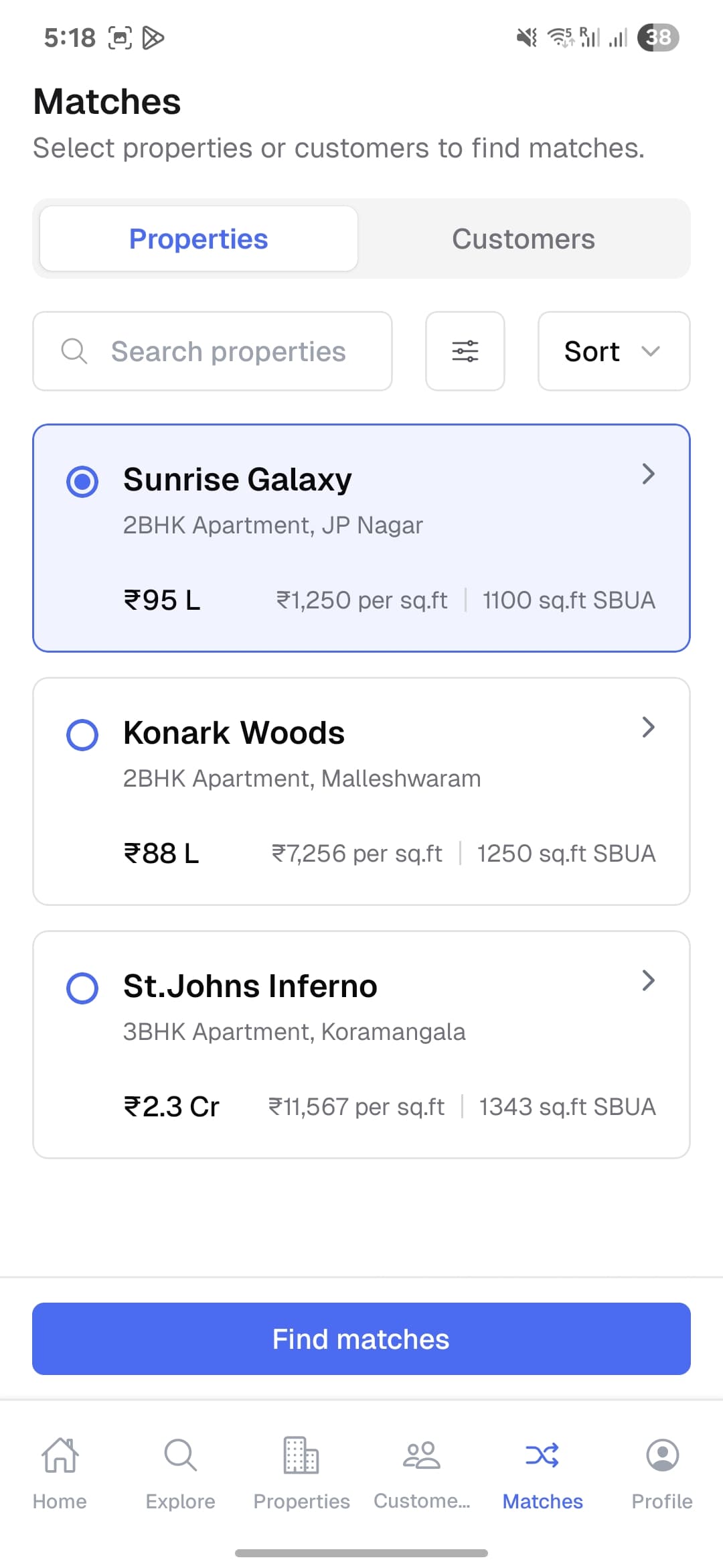 PropG Matches tab showing property selection with Sunrise Galaxy, Konark Woods, and St. Johns Inferno